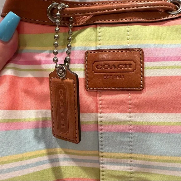 Y2K VTG Coach Pastel Multicolor Stripe Drawstring Backpack Leather  F13554 - Picture 2 of 8